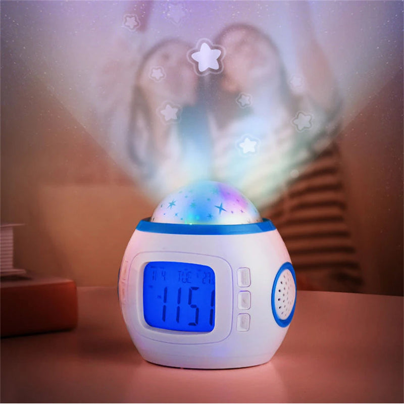 Luminária projetora de luz noturna, para quarto de crianças, relógio despertador digital de música brilhante, multifunciona,com medidor de temperatura.